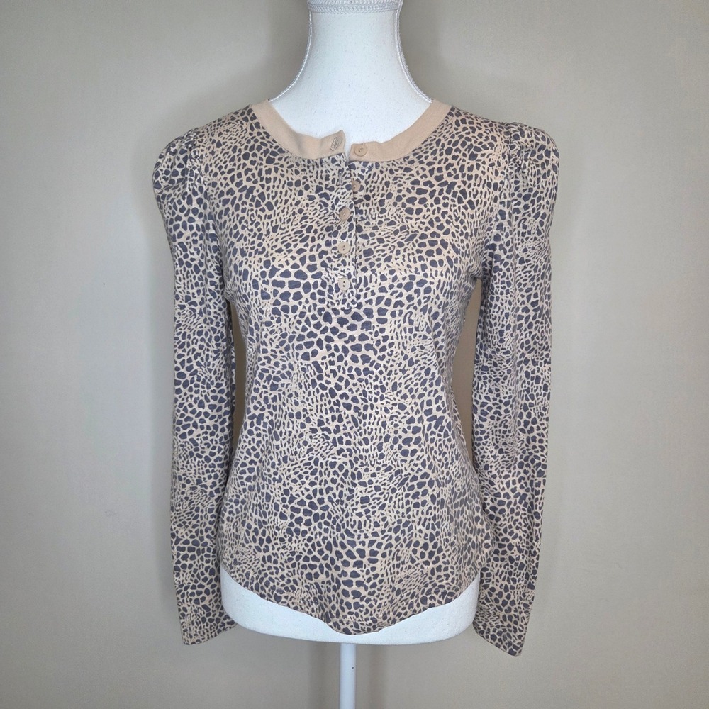 Tart Womens XS Leopard Print Organic Cotton Henley Puff Shoulder‎ Top